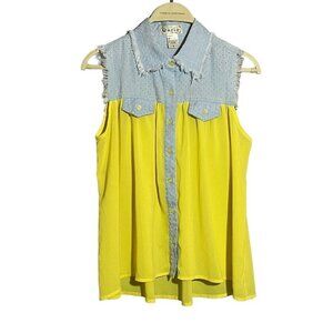 Qurio Aggie Blouse Sleeveless Women Size S Button Denim Sheer Rag Retro Contrast
